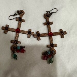 Cross Shaped Earrings with Red and Green Accents